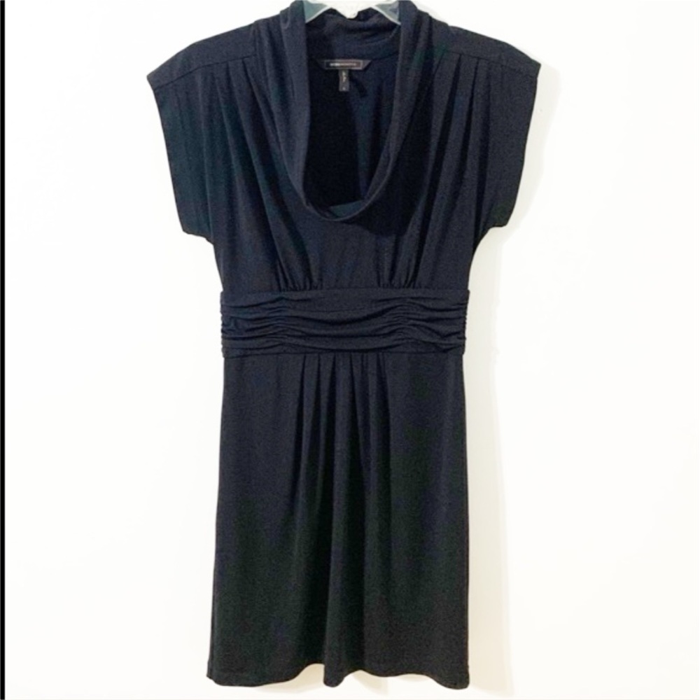 BCBGMaxAria Short Sleeve Cowl Neck Banded Waist Dress Draped Front Midi Length